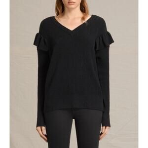 Allsaints Parnell Sweater Wool Cashmere Blend Ruffle Sleeve Chunky Knit Black